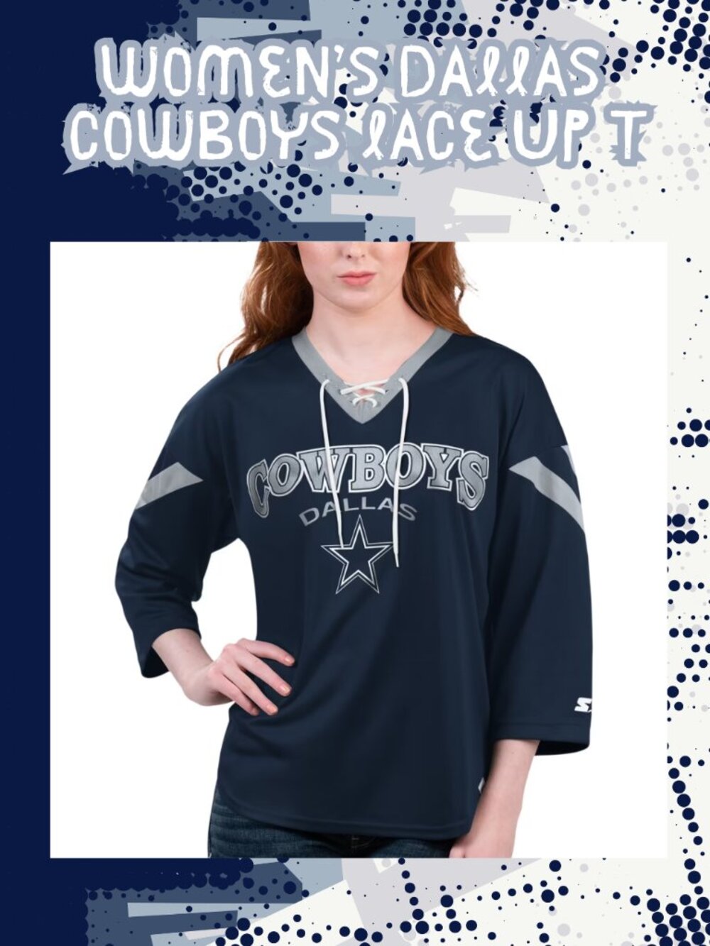 nwt Women's Starter Navy Dallas Cowboys Rally Lace-Up 3/4-Sleeve T-Shirt